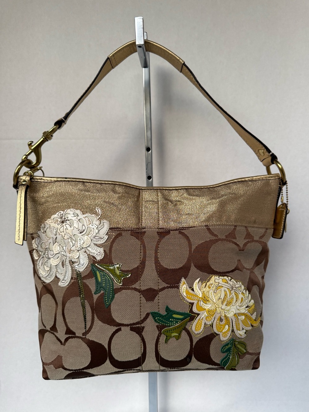 COACH Botanical Garden Handbag Hobo Signature Canvas Floral Applique Gold #12200
